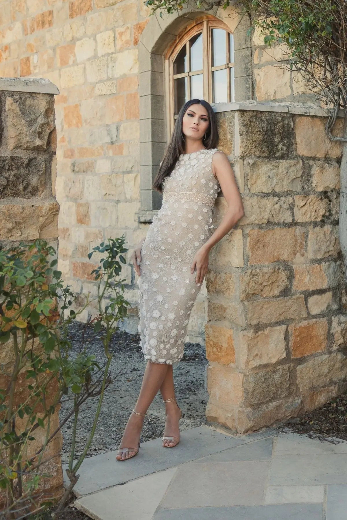 Nude Floral Applique Sleeveless Midi Dress