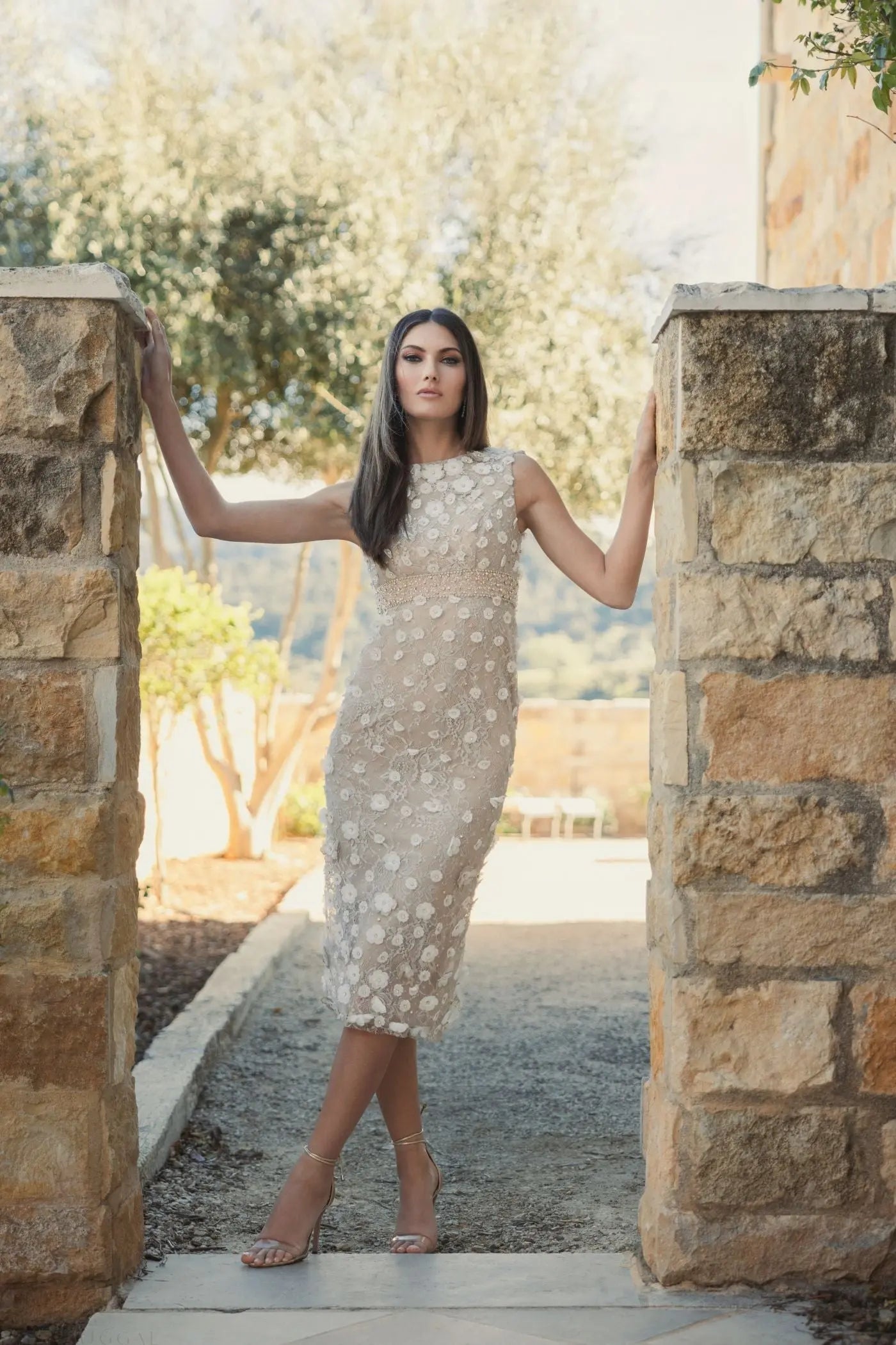 Nude Floral Applique Sleeveless Midi Dress