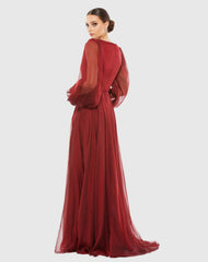 Red Sheer Blouson Sleeve Surplice Gown