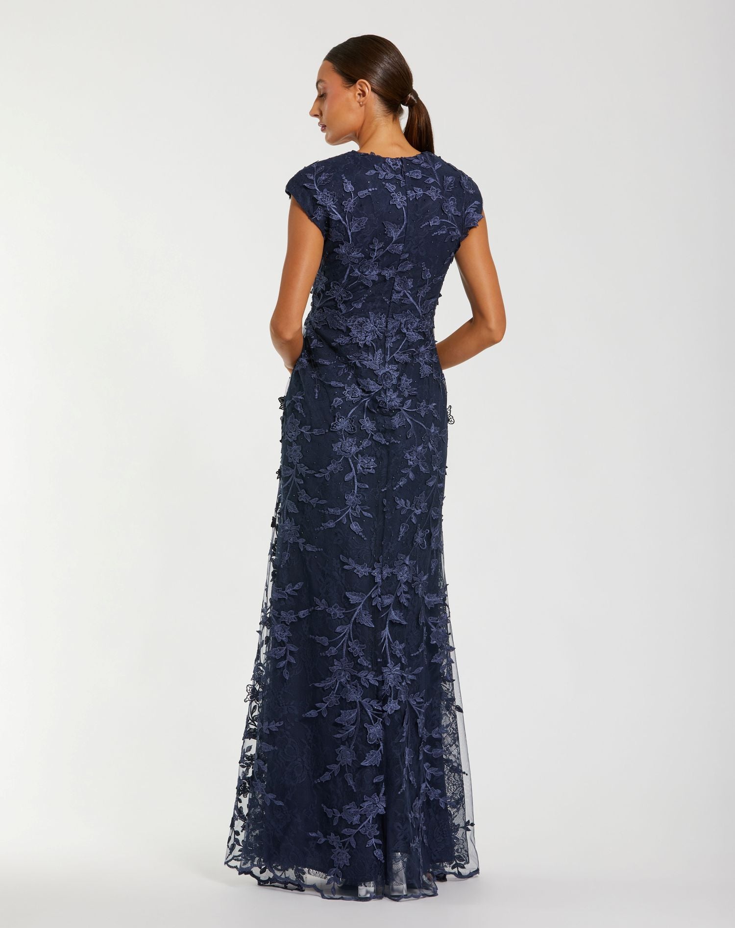 Navy Faux Wrap Embroidered Cap Sleeve Gown