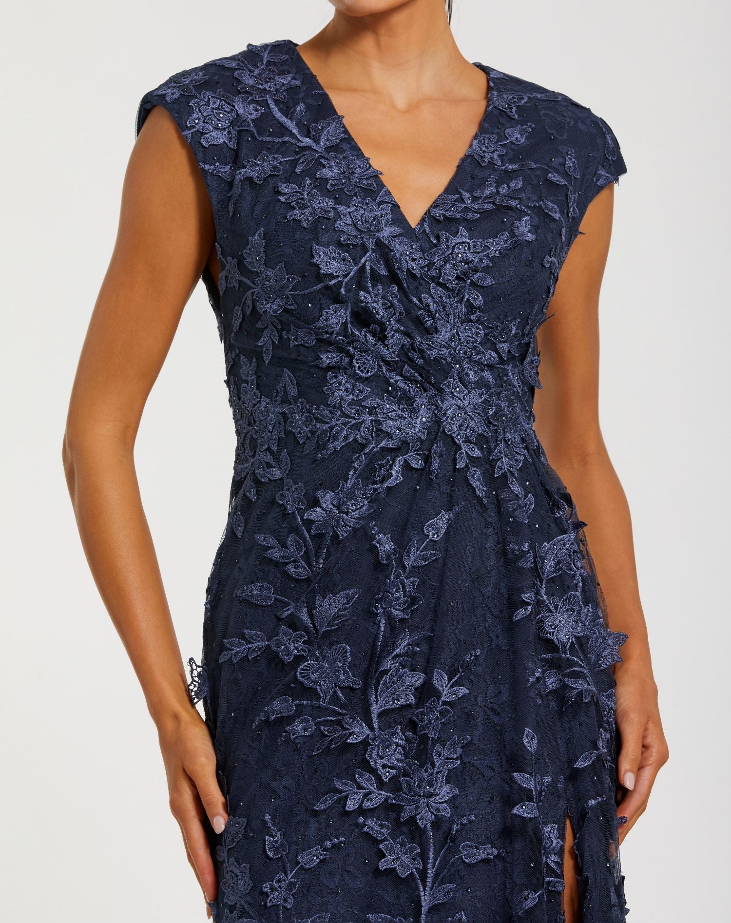 Navy Faux Wrap Embroidered Cap Sleeve Gown