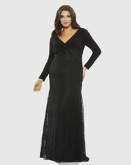 Black Wrap Over Long Sleeve Lace Applique Trumpet Gown (Plus)