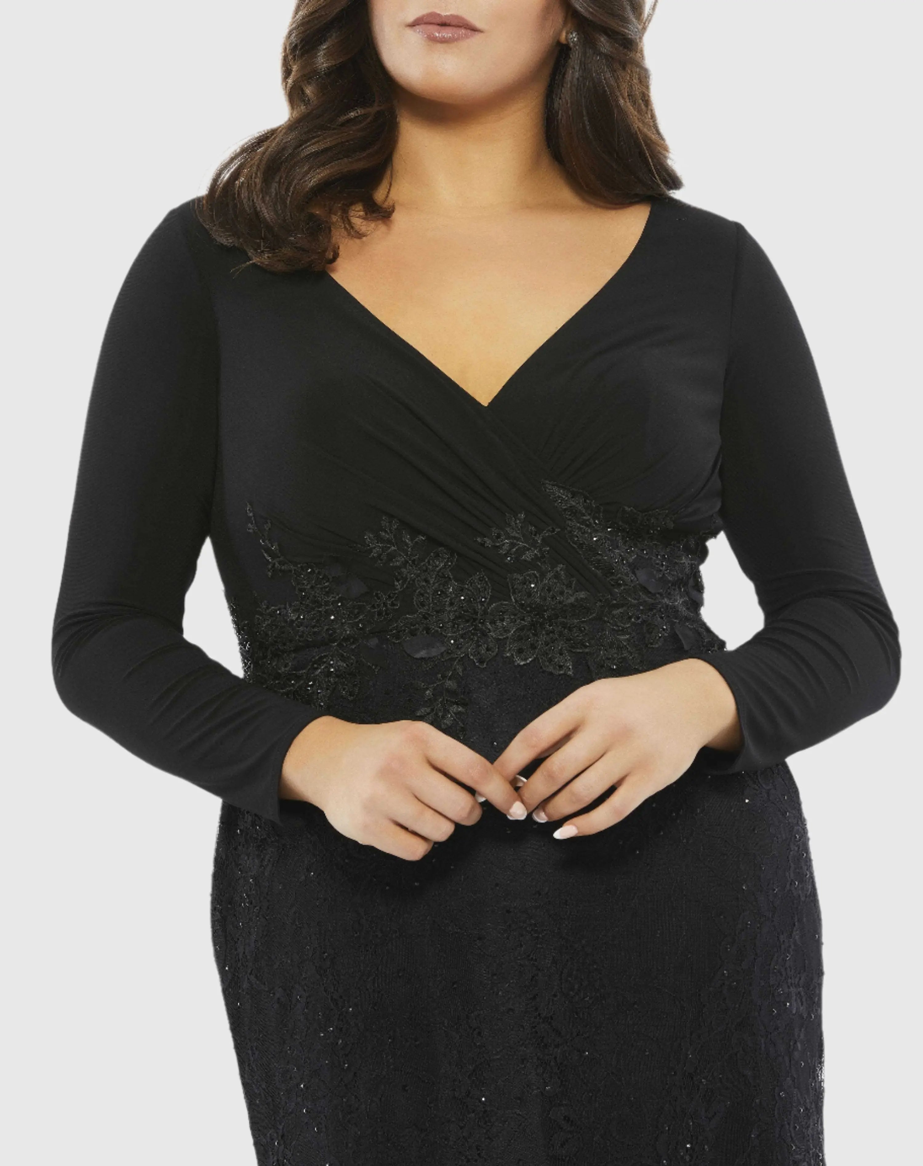 Black Wrap Over Long Sleeve Lace Applique Trumpet Gown (Plus)