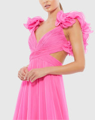 Dark Pink Ruffle Tiered Cut-Out Chiffon Gown