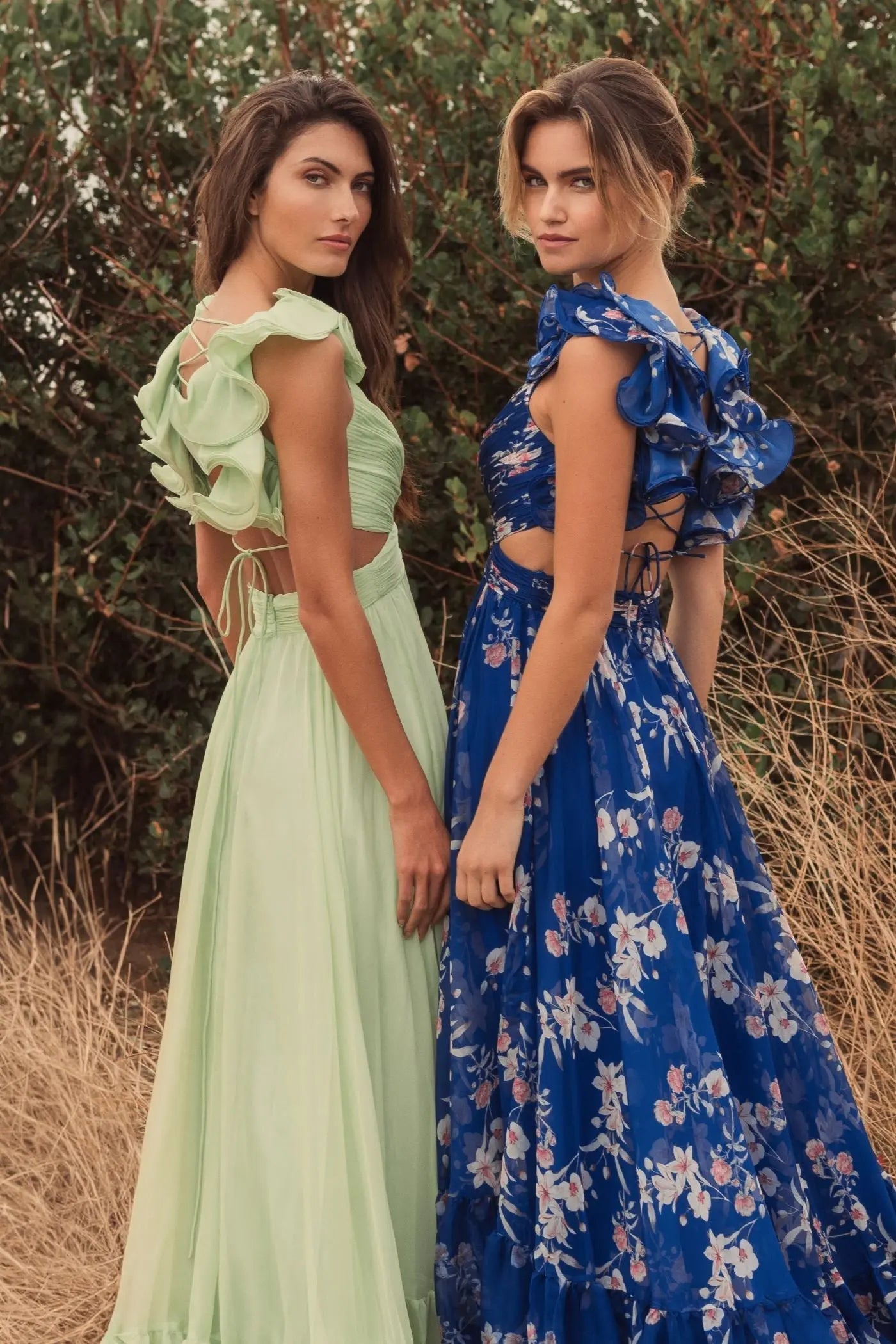 Blue Ruffle Tiered Floral Cut-Out Chiffon Gown