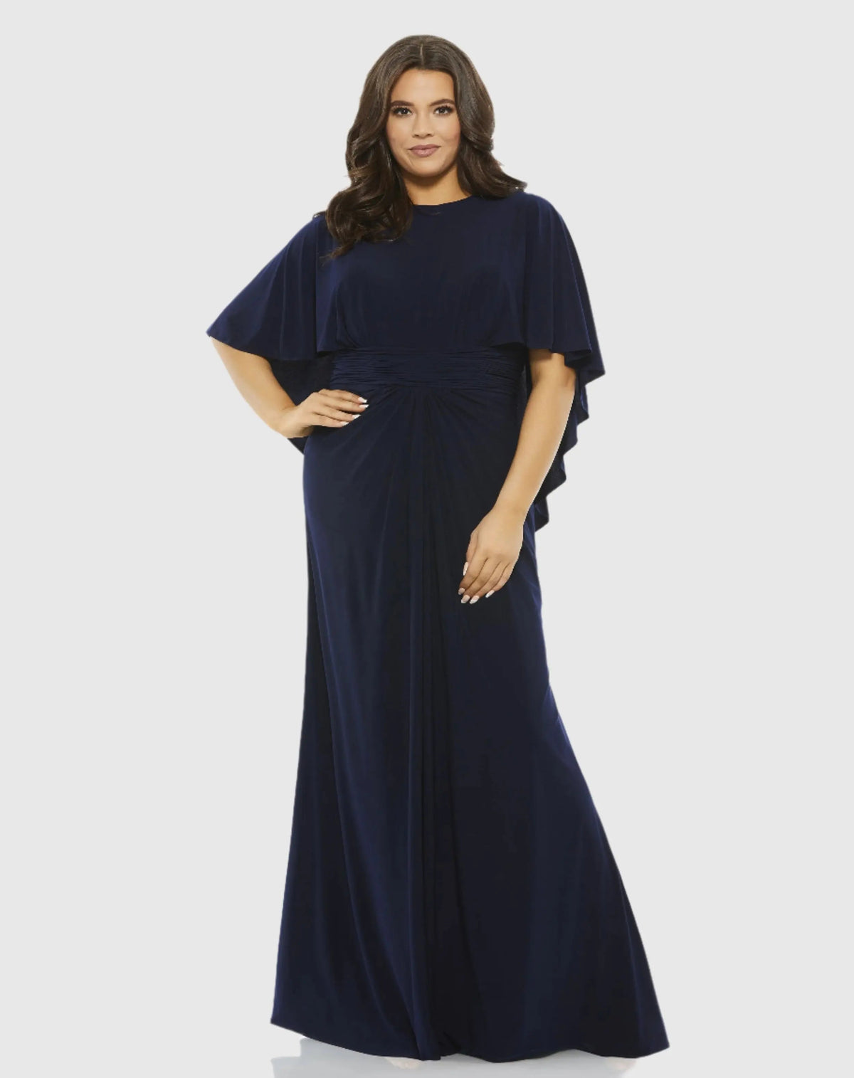 Navy Jersey Cape Sleeve A Line Gown (Plus)