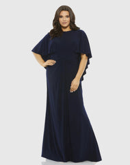 Navy Jersey Cape Sleeve A Line Gown (Plus)