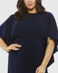 Navy Jersey Cape Sleeve A Line Gown (Plus)
