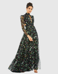 Black Floral High Neck Puff Sleeve Gown