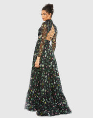 Black Floral High Neck Puff Sleeve Gown