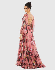 Pink Floral Cutout Open Back Blouson Sleeve Dress