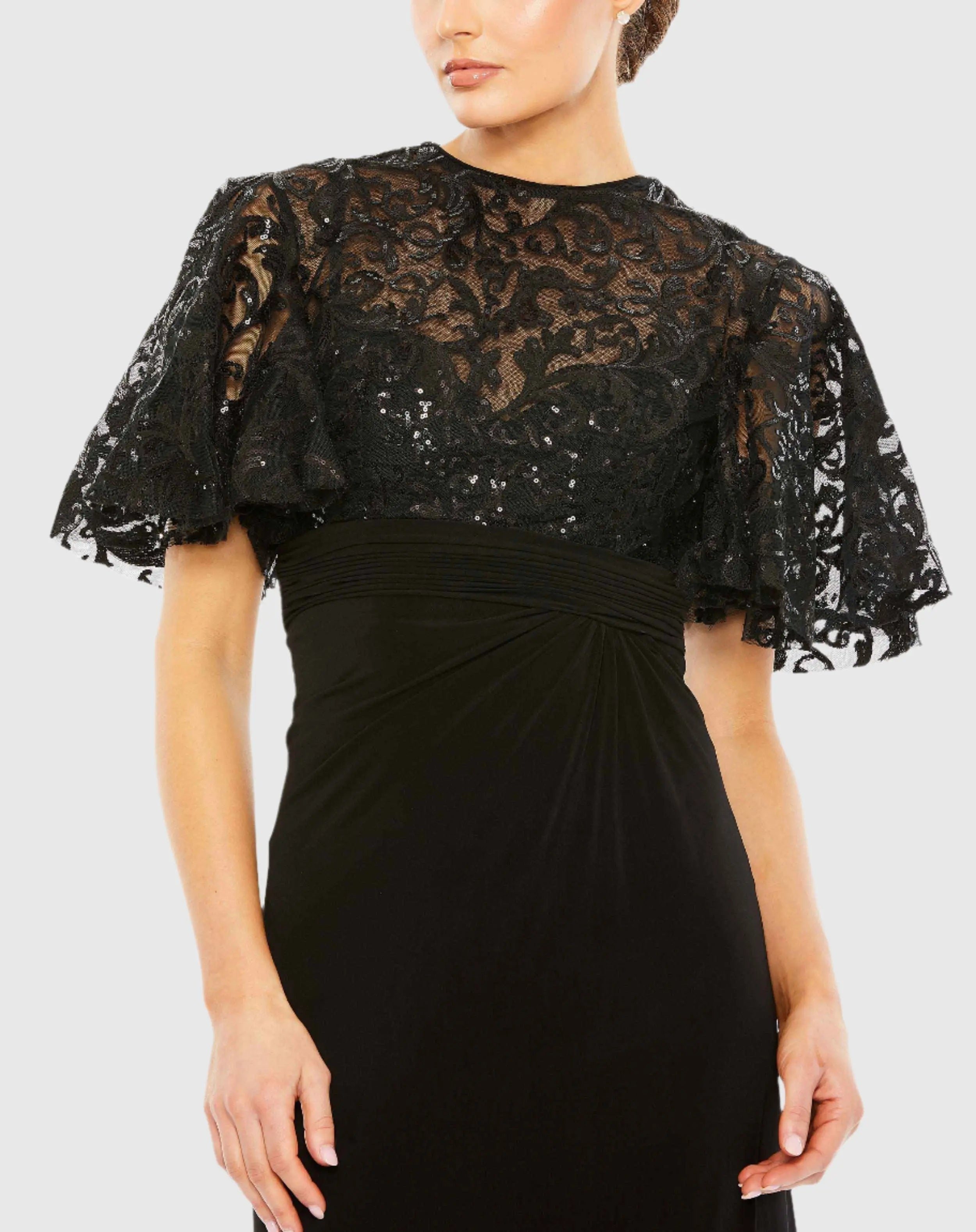 Black Embellished Butterfly Sleeve Gown