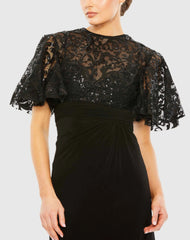 Black Embellished Butterfly Sleeve Gown