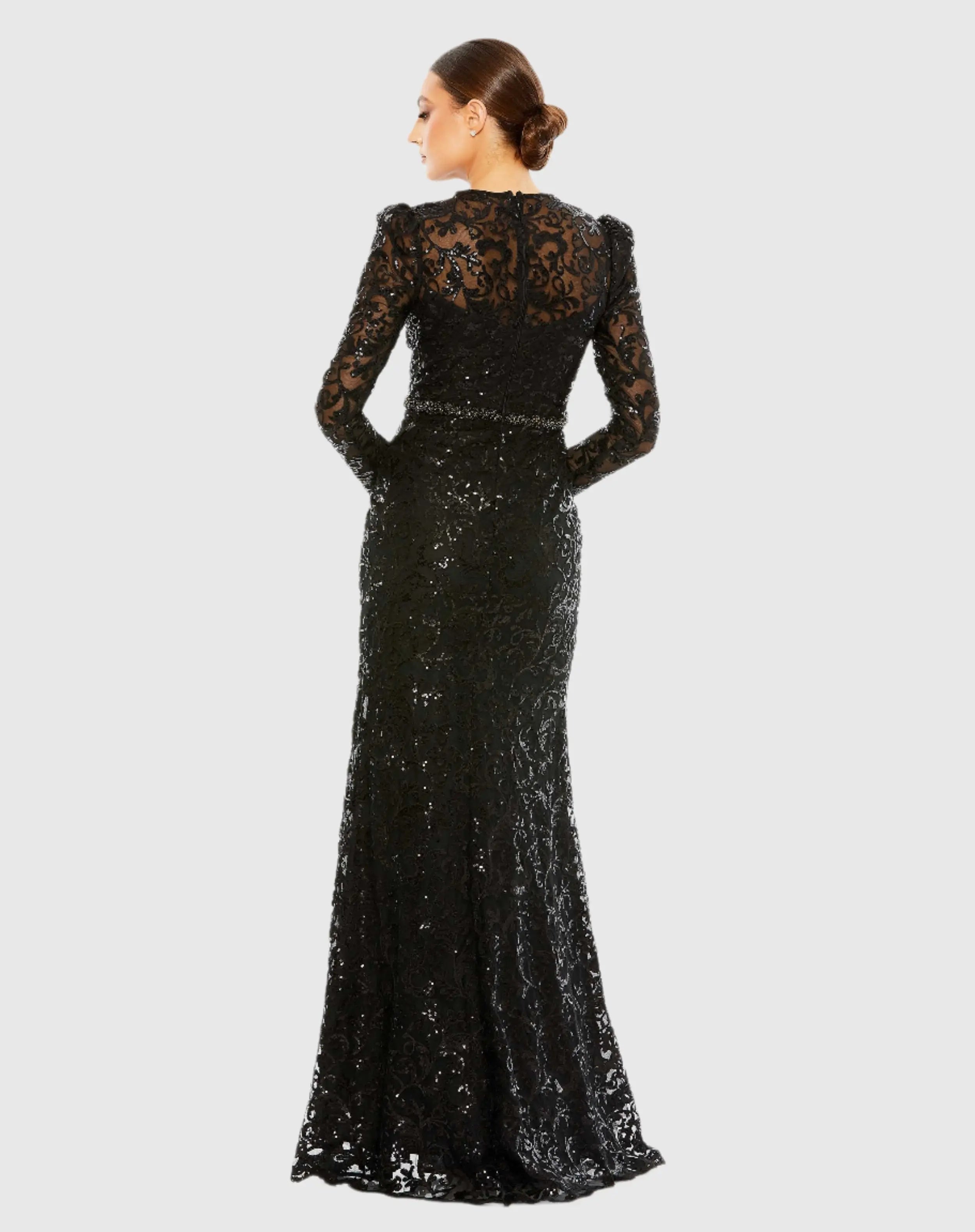 Black Embellished High Neck Long Sleeve Gown