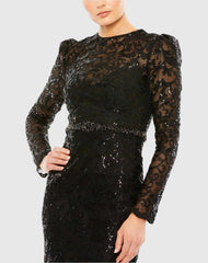 Black Embellished High Neck Long Sleeve Gown
