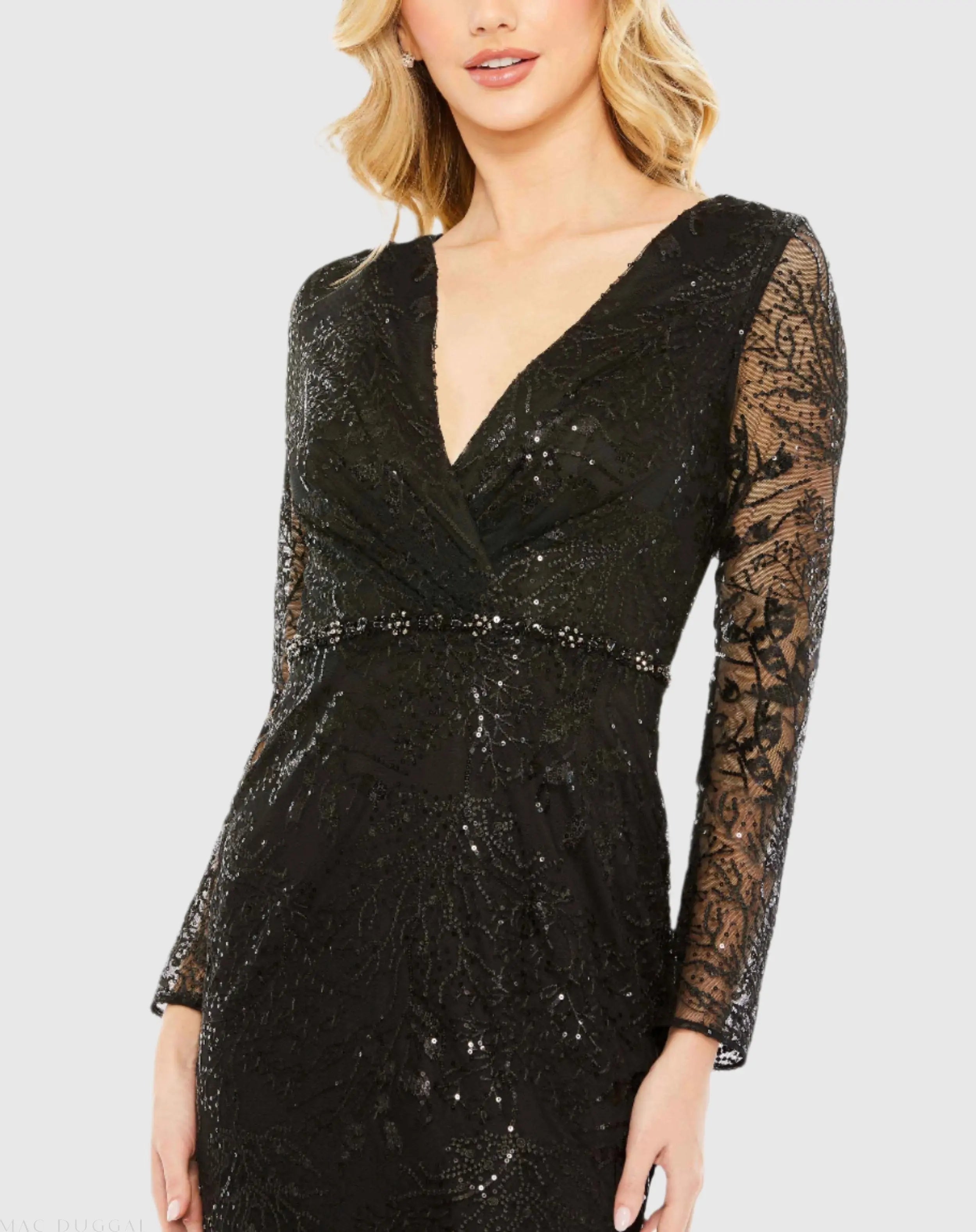 Black Embellished Wrap Over Long Sleeve Gown