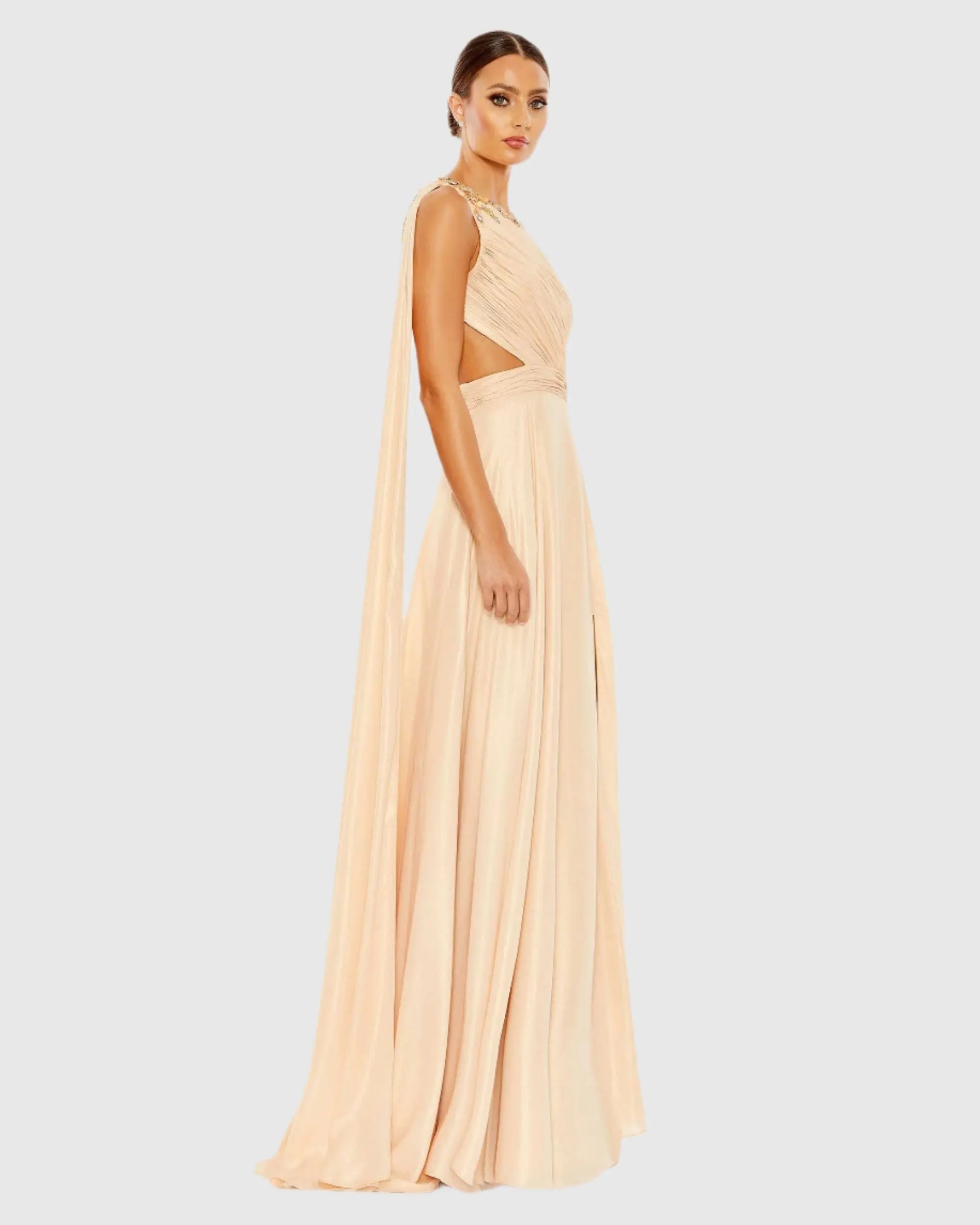 Beige One Shoulder Open Back Flowy Gown