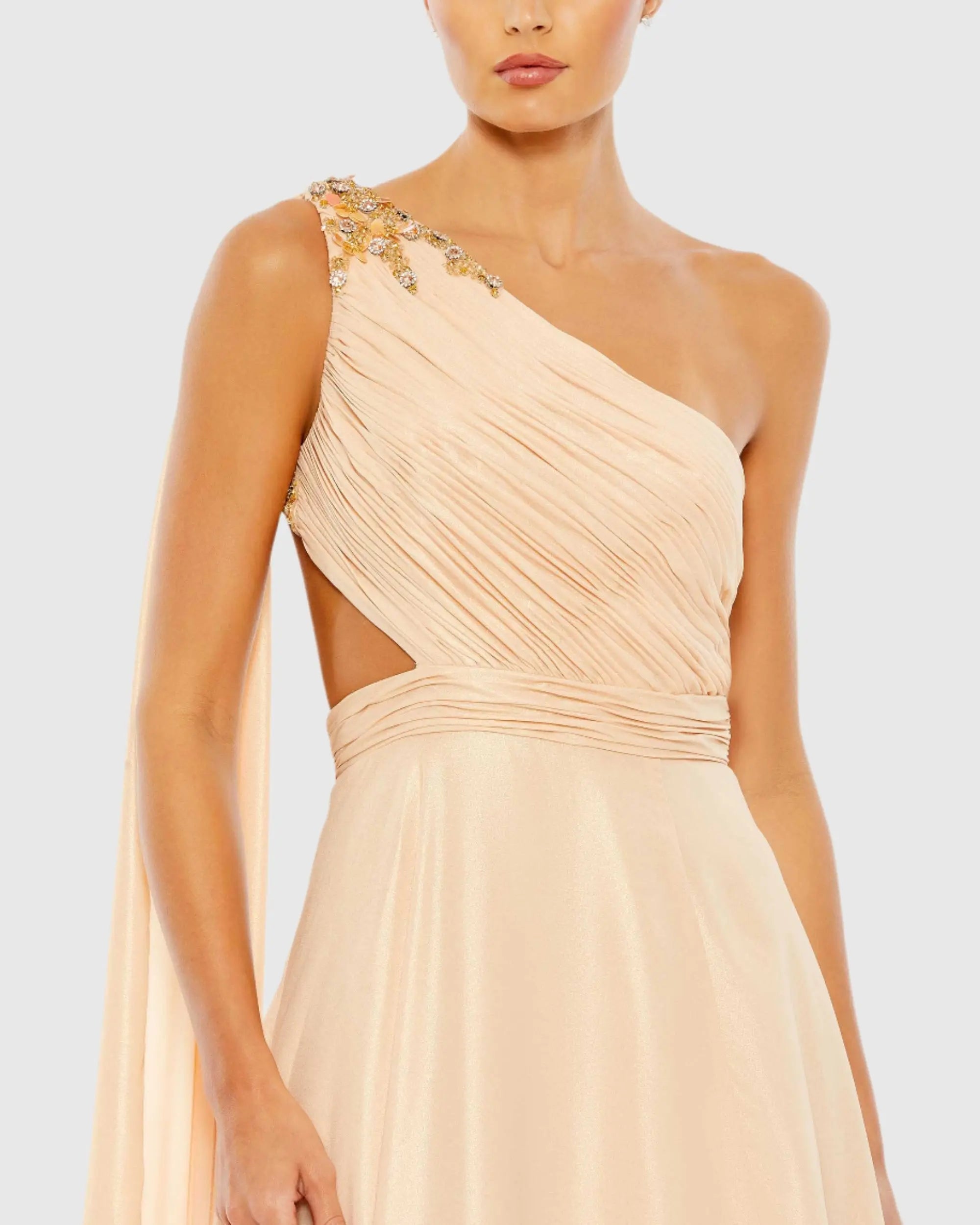 Beige One Shoulder Open Back Flowy Gown