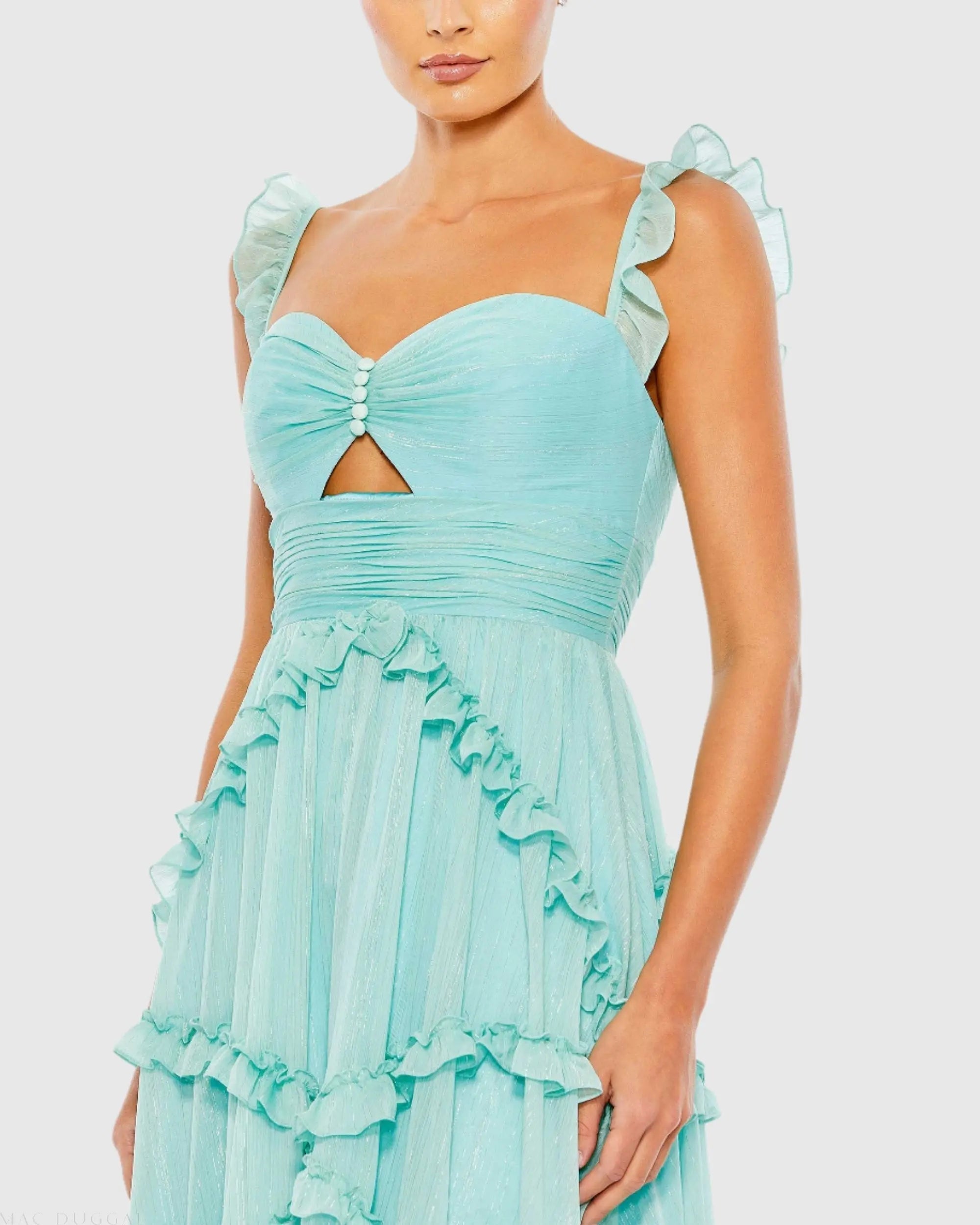 Blue Ruffle Tiered Sleeveless Flowy A Line Gown