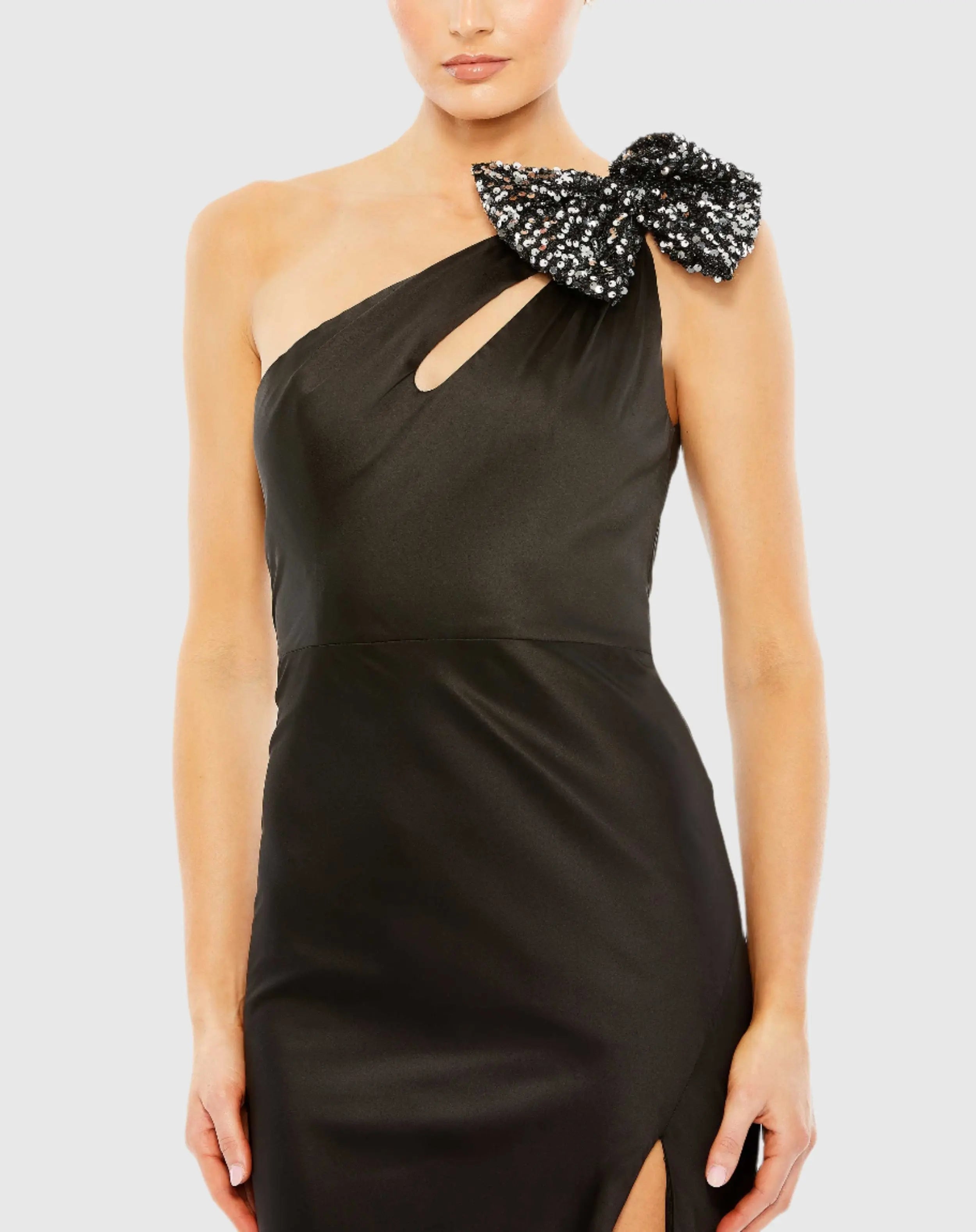 Black Sequined Bow Detail One Shoulder Trumpet Gown