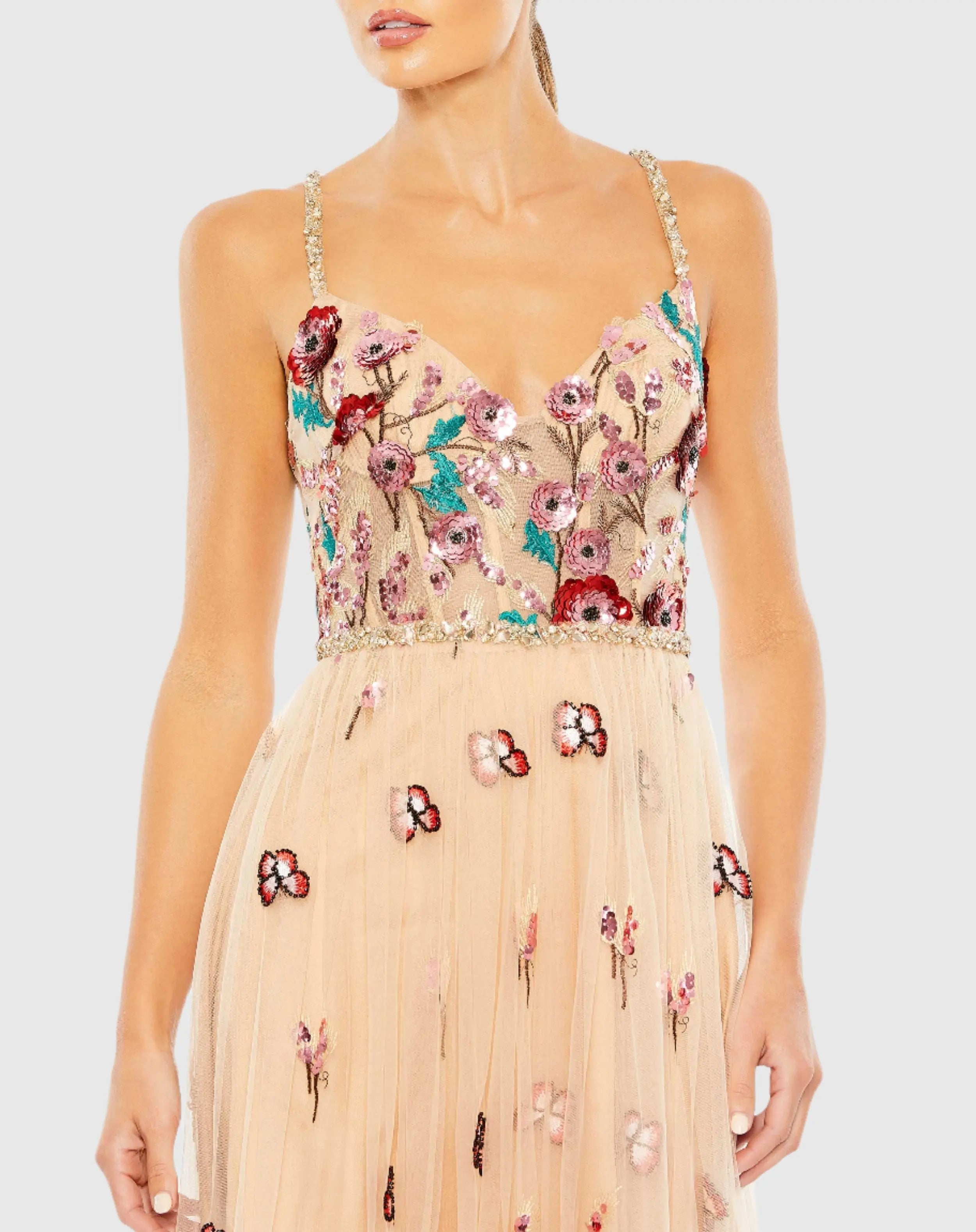 Beige Embellished Floral Detail A Line Gown