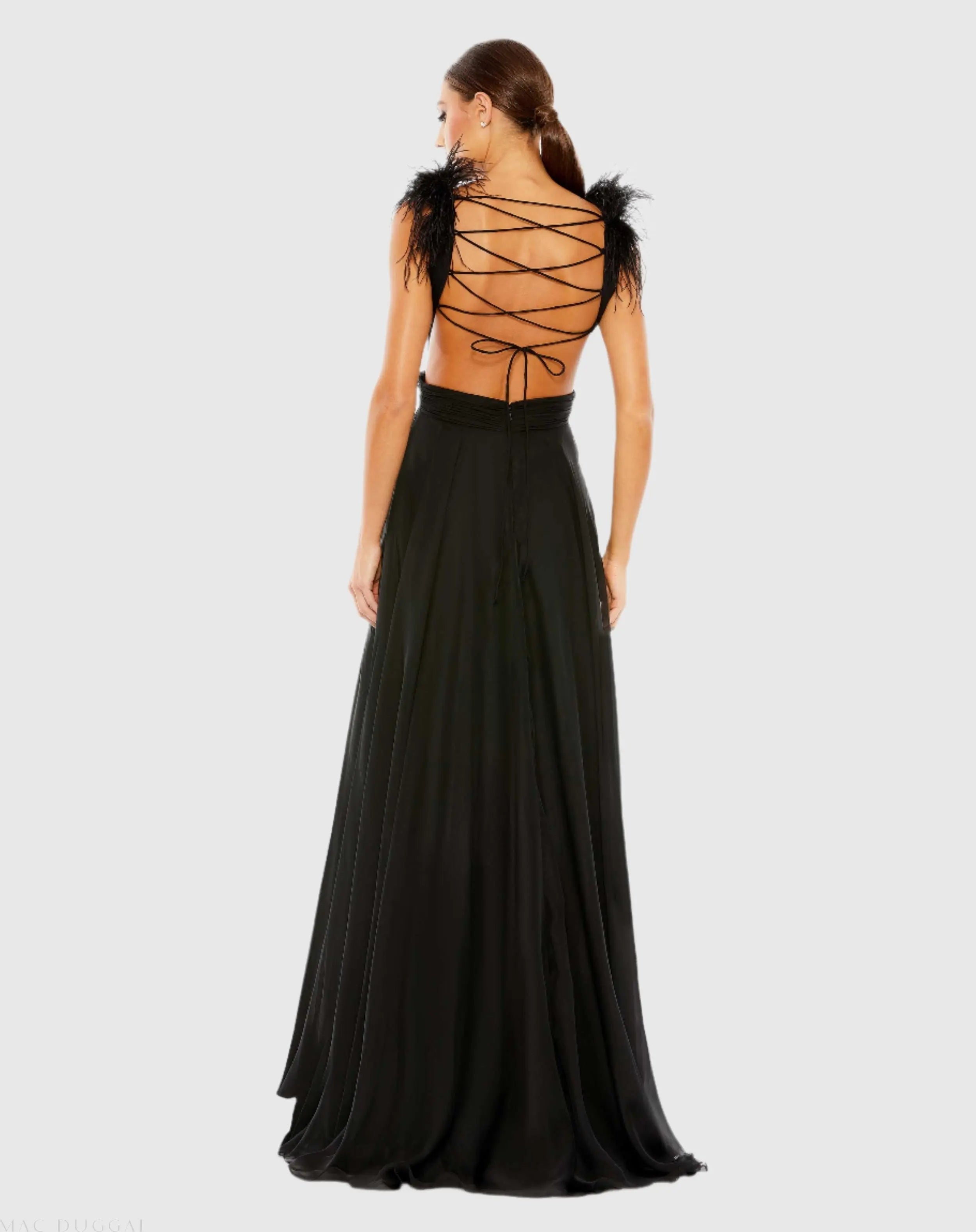 Black Plunge Ostrich Feather A Line Gown