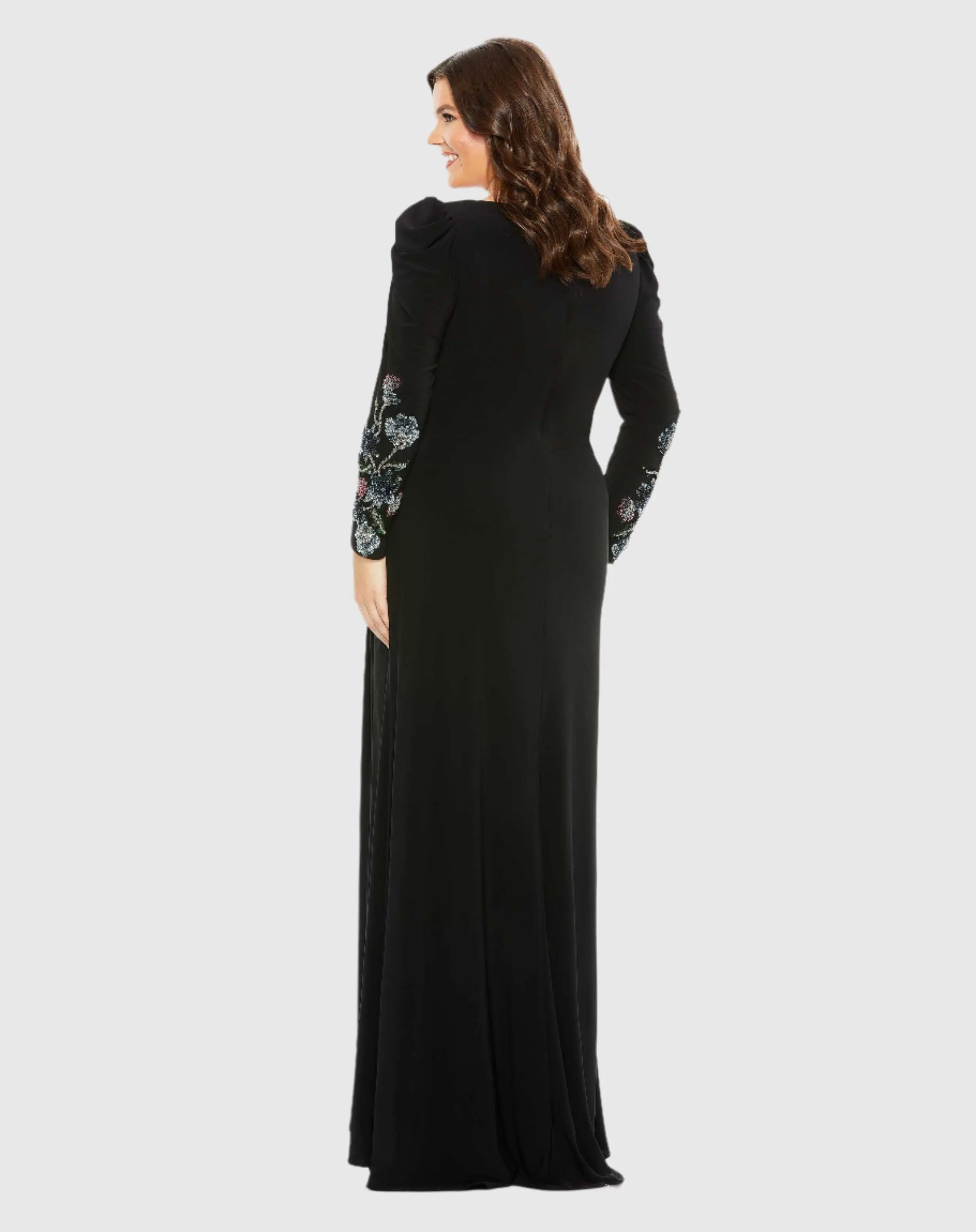 Black Embellished Long Sleeve Faux Wrap Gown (Plus)