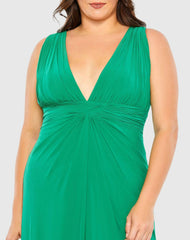 Green Plus Size Draped V Neck Sleeveless A Line Gown