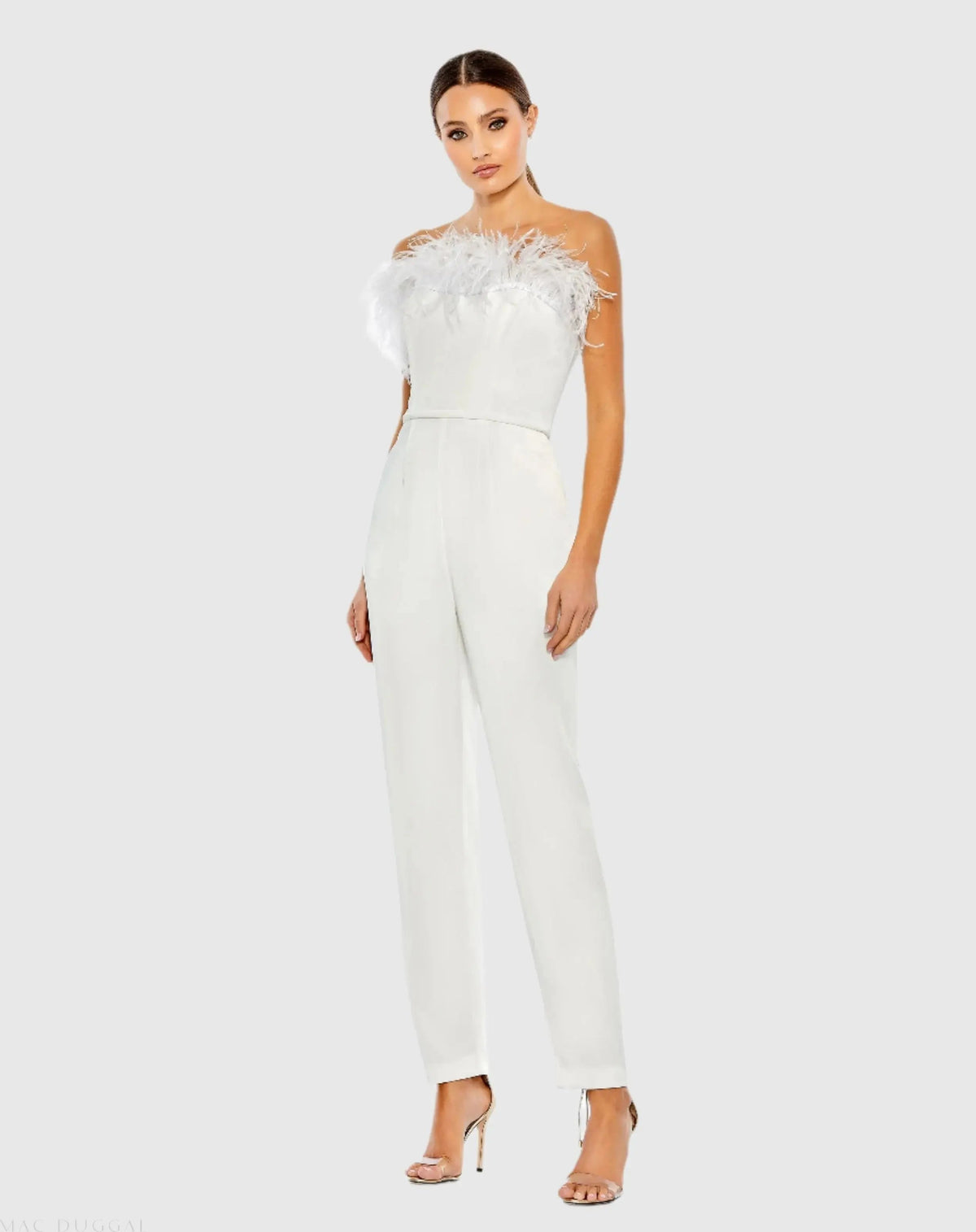 Strapless Jumpsuit with Feather Trim