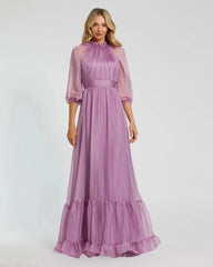 Chiffon Ruched Illusion Raglan Sleeve Ruffled Gown