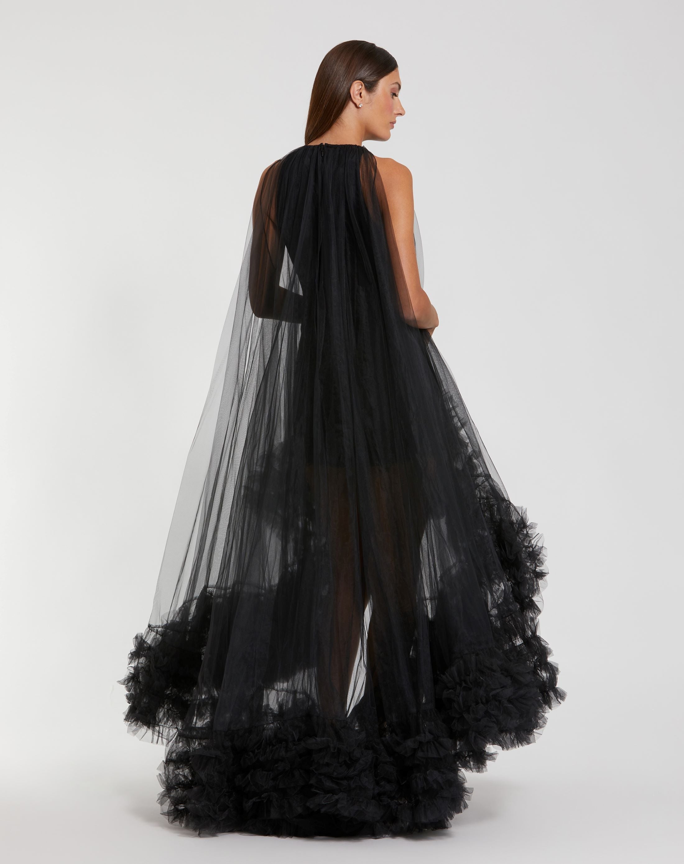 Black Tulle High Neck Sleeveless Ruffled Hem Hi-Low Gown