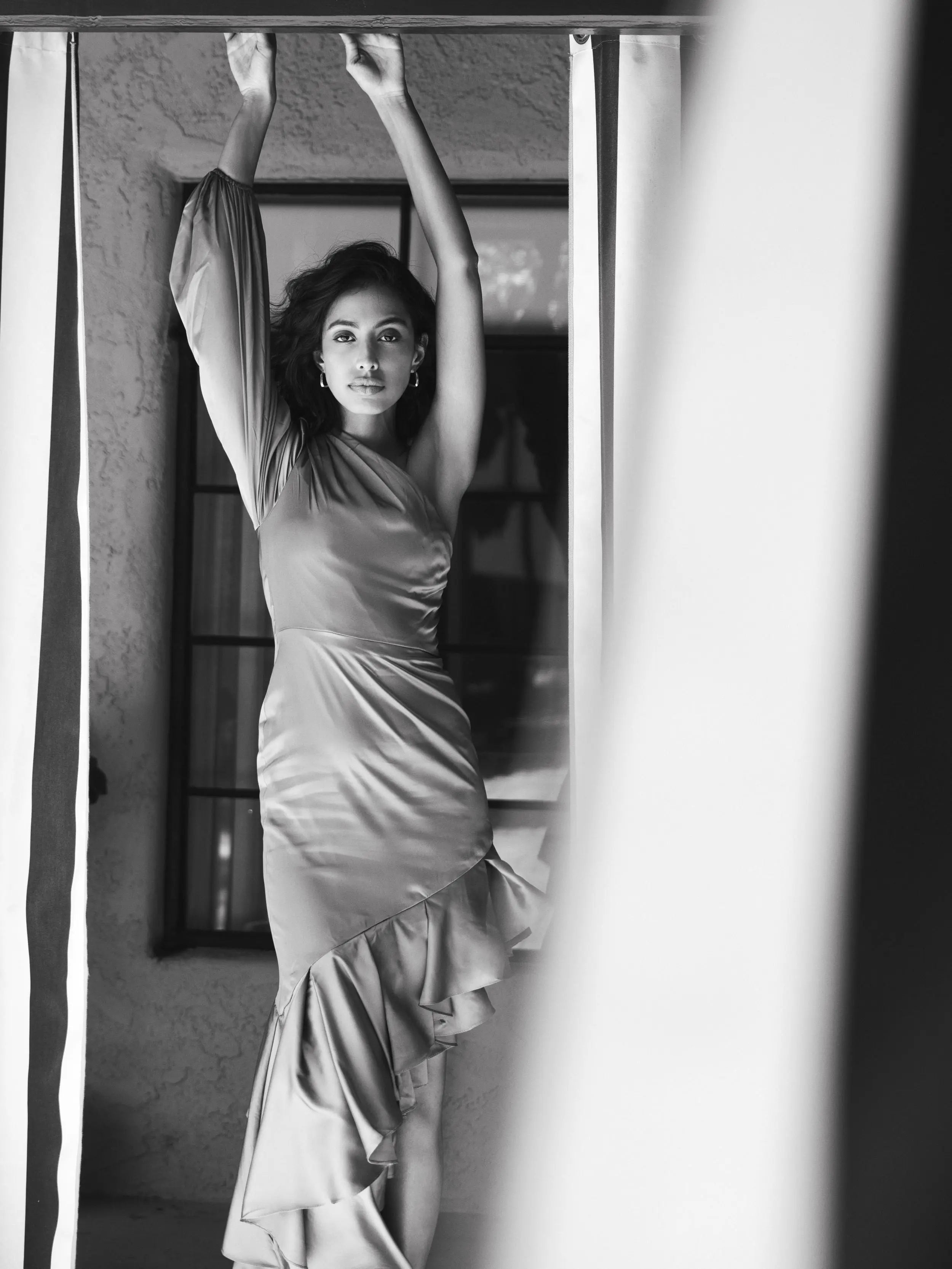 Green Charmeuse One Sleeve Ruffled Asymmetrical Gown