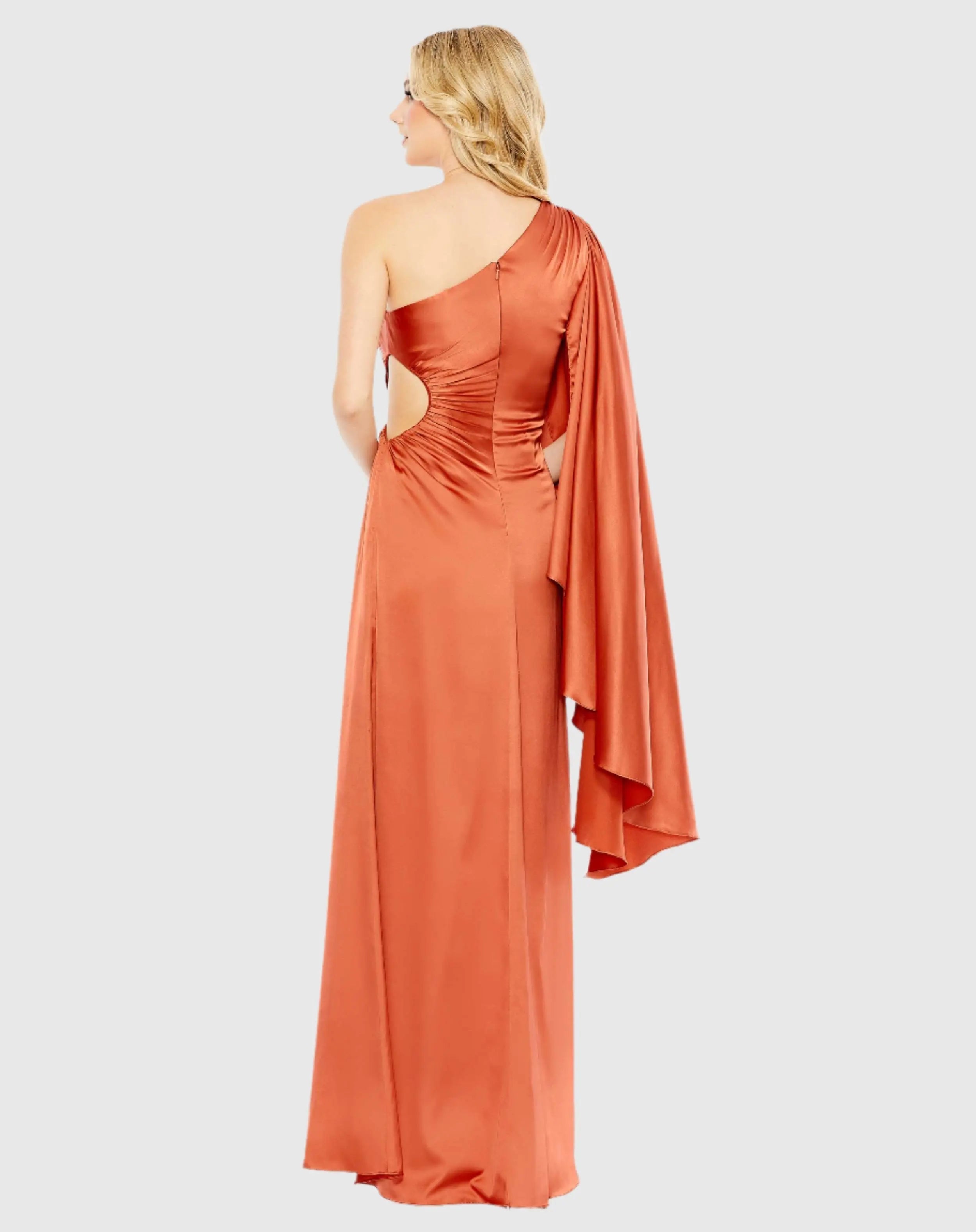 Orange One Shoulder Bell Sleeve Draped Gown