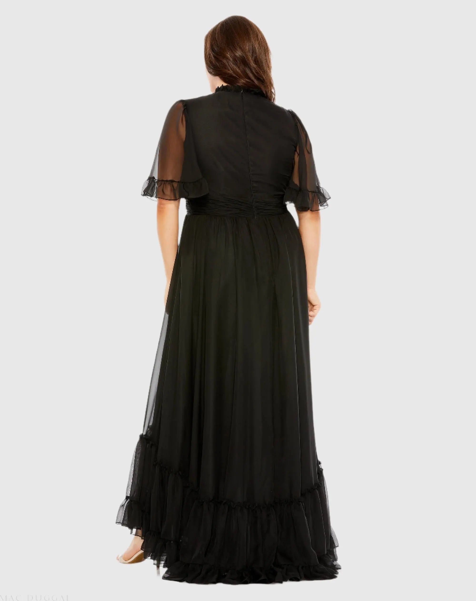Black Ruffle Tiered High Low Flutter Sleeve Gown (Plus)