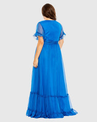 Blue Chiffon Flutter Sleeve A-line Plus Size Dress