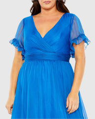 Blue Chiffon Flutter Sleeve A-line Plus Size Dress