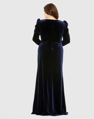 Navy Long Sleeve Velvet Gown with Slit (Plus)