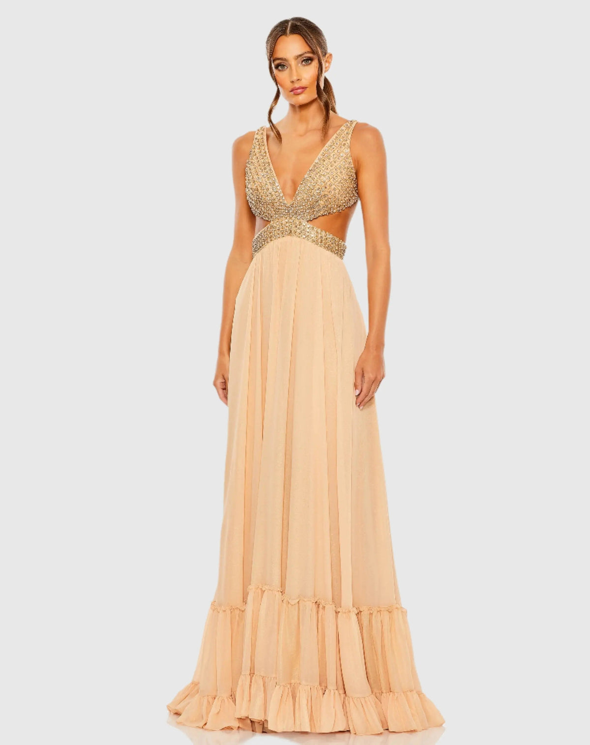 Beige Lace Up Rhinestone Embellished Cut Out Gown