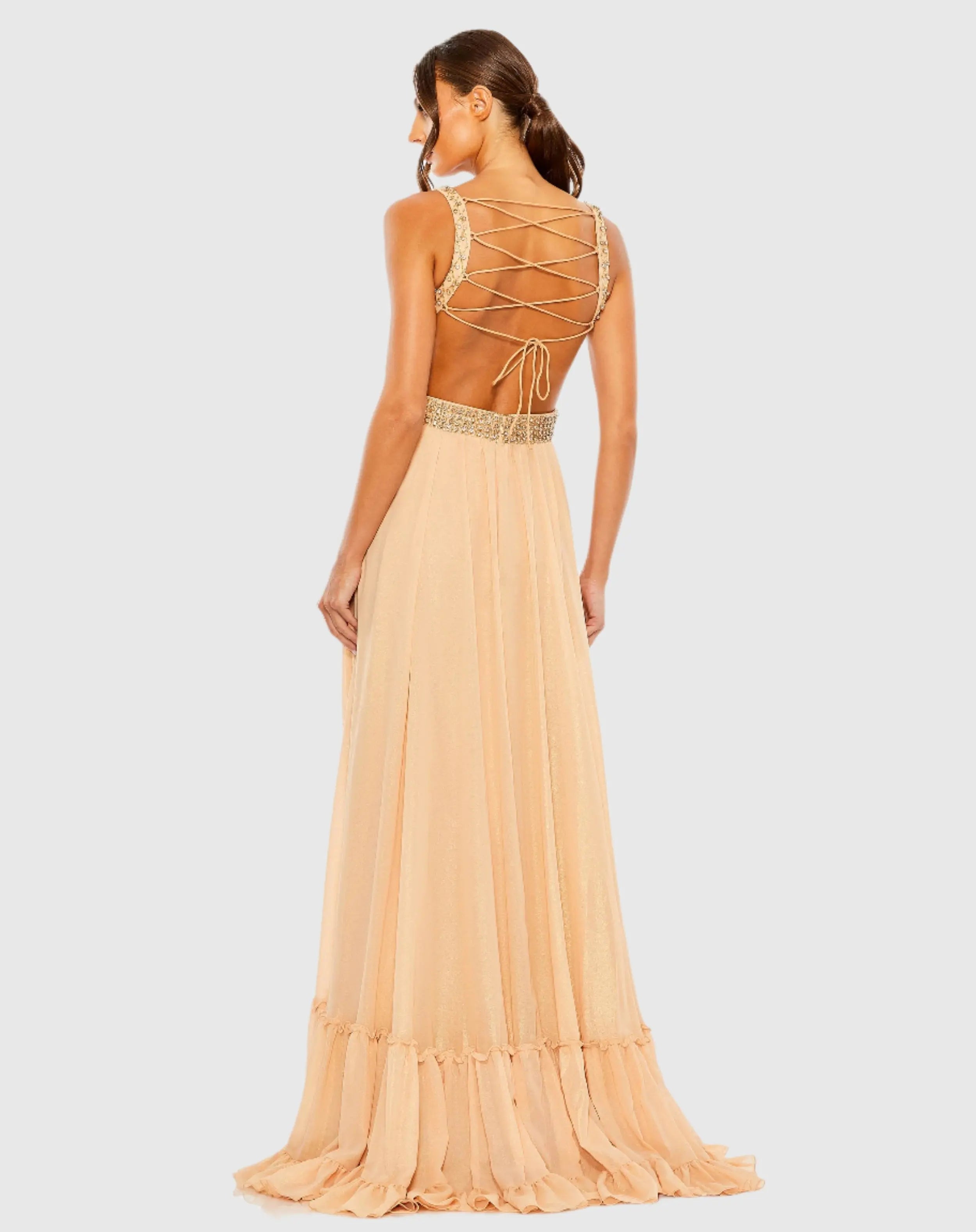 Beige Lace Up Rhinestone Embellished Cut Out Gown