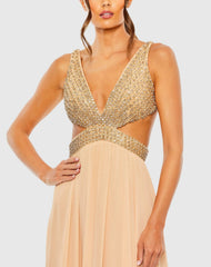Beige Lace Up Rhinestone Embellished Cut Out Gown