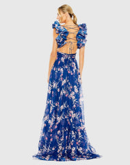 Blue Ruffle Tiered Floral Cut-Out Chiffon Gown