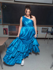 Blue One-Shoulder Tiered Ruffle Hem Evening Gown
