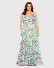 Green Floral Printed Tiered Ruched Gown