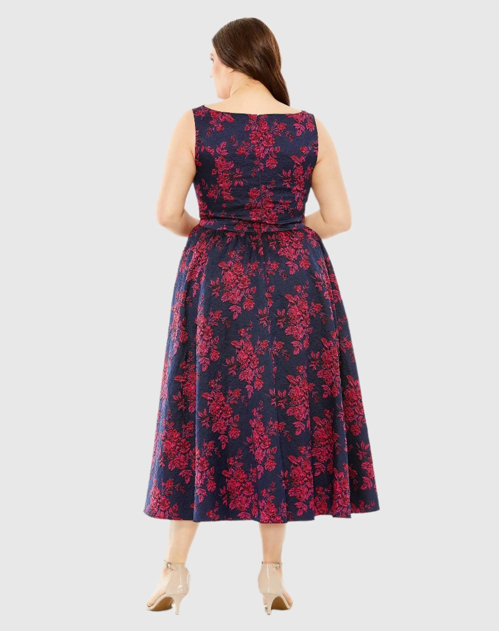 Navy Sleeveless Floral Embroidered Dress