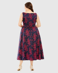 Navy Sleeveless Floral Embroidered Dress
