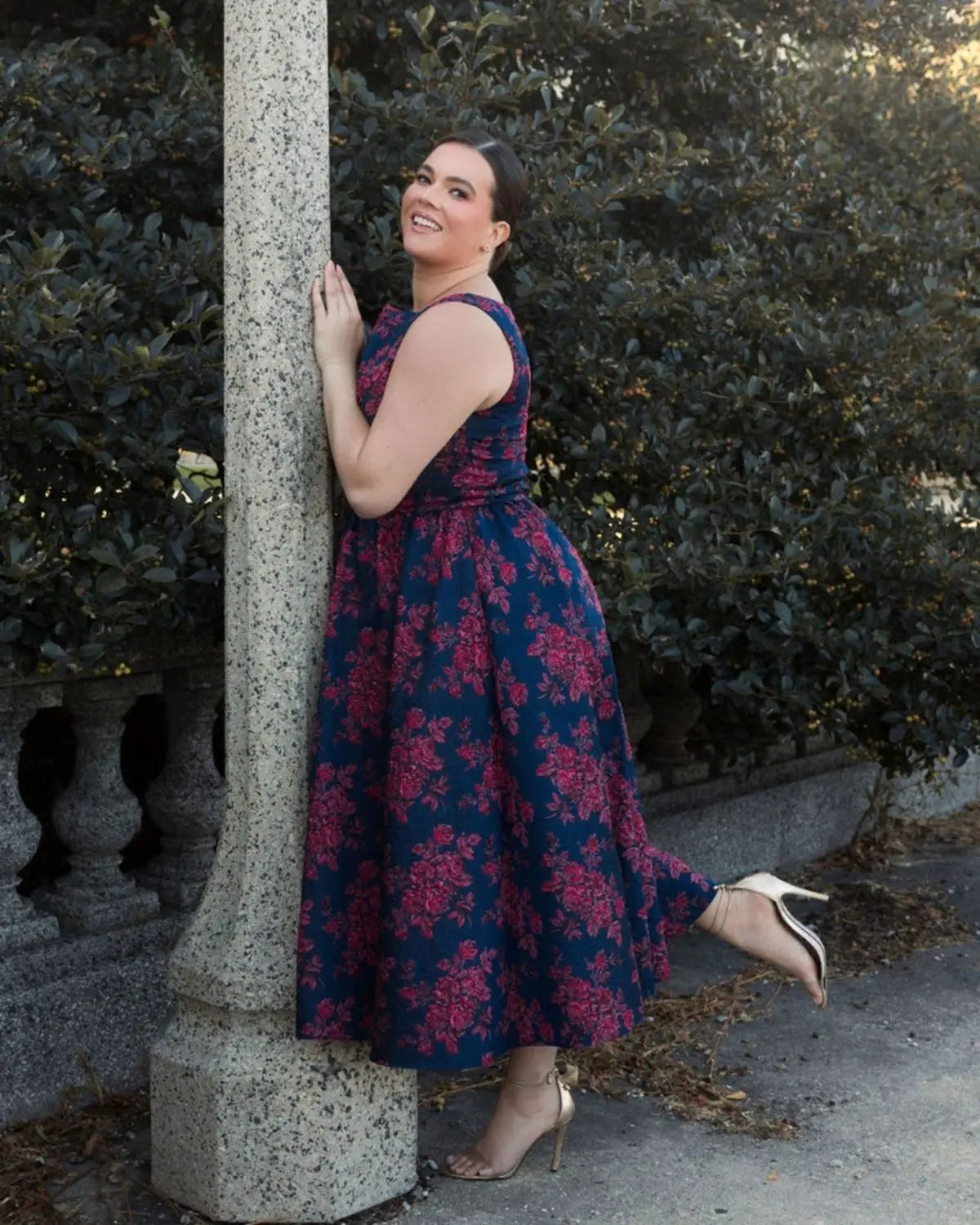 Navy Sleeveless Floral Embroidered Dress
