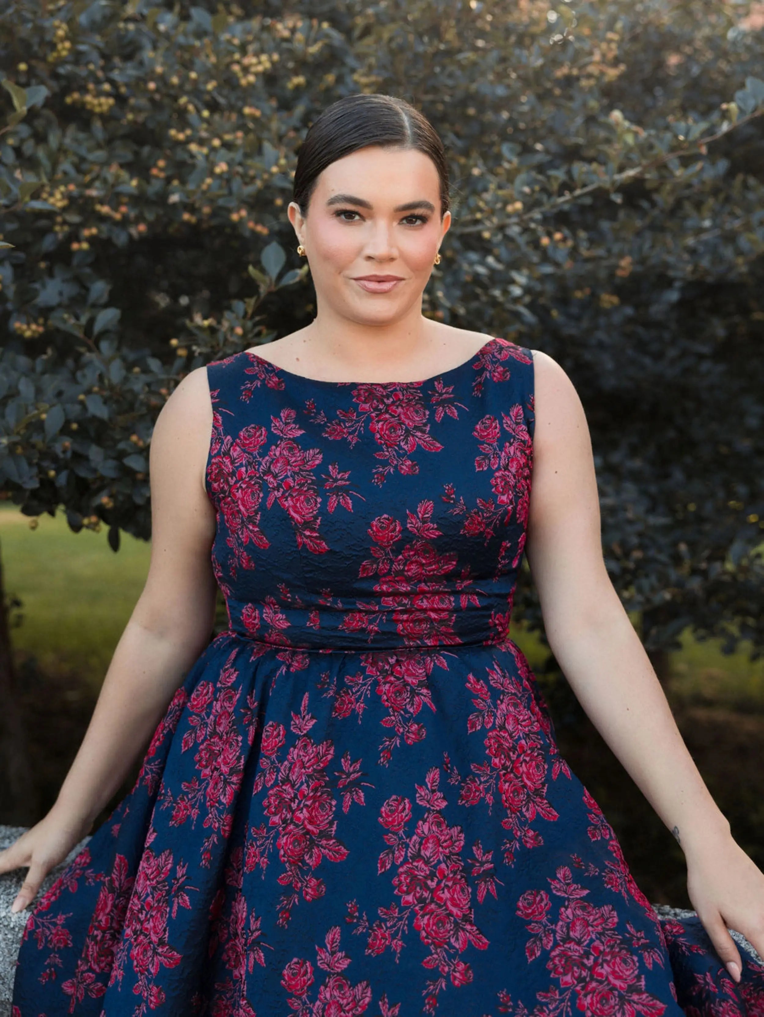 Navy Sleeveless Floral Embroidered Dress