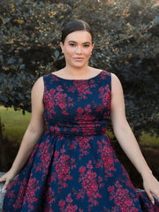 Navy Sleeveless Floral Embroidered Dress