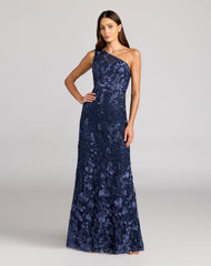 Navy One Shoulder Floral Embroidered Gown