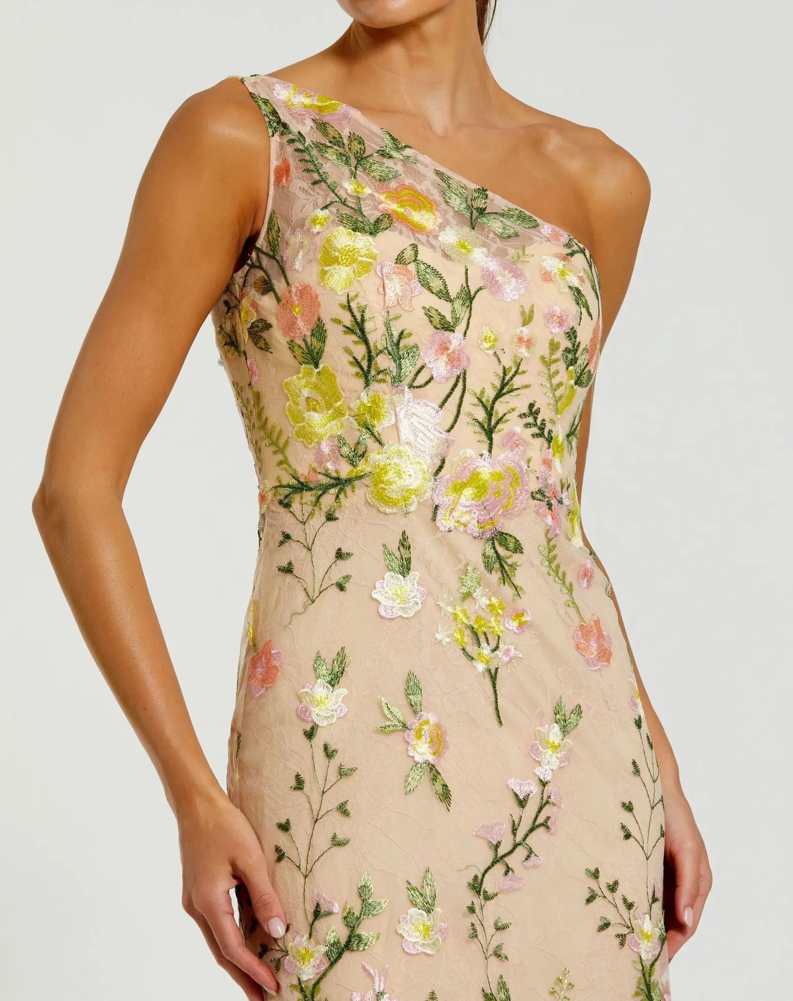 Beige One Shoulder Floral Embroidered Gown